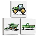 Set of 3 Tractor Nursery Farm Vehicles Art Canvas Wall Art Framed Paintings Prints Watercolor Old Farm Truck Canvas Posters Pictures Wall Decor for Home Kids Bedroom 12x12 Inch