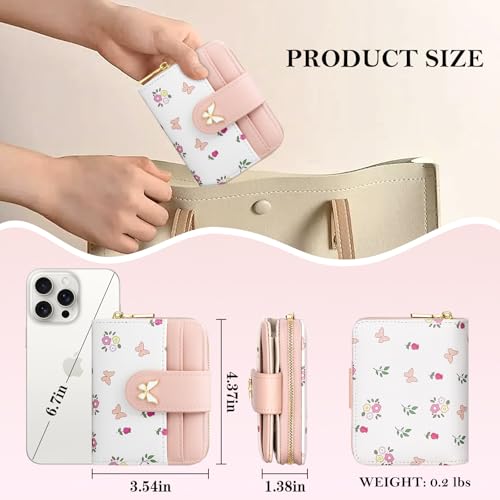 Image of BIAOTIE Wallet for Women Cute Floral Flower Wallet RFID Credit Card Holder Purse Small Bifold Zipper Coin Pocket Purse with ID Windows (Butterfly Pink)
