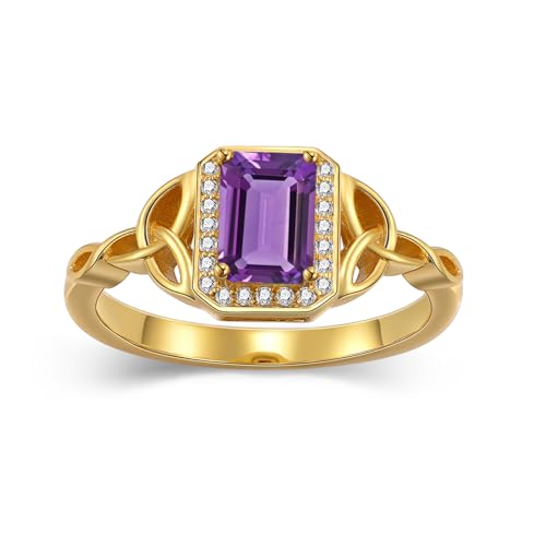10K 14K 18K Gold Celtic Knot Rings for Women 1CT Emerald Cut Gemstone Halo Ring Promise Statement Anniversary Ring for Her Size 4-15