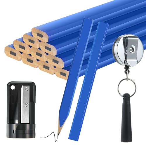 Crayon de menuisier octogonal plat noir avec taille-crayon et porte-stylo rétractable - 14 pcs
