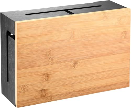 Kabelmanagement Box aus Bambus 32×20×11 cm – Magnetischer Deckel – Kabel Organizer für Schreibtisch & TV – Kabelbox zur Kabelaufbewahrung – inkl. Montagematerial für Wandbefestigung (Schwarz)