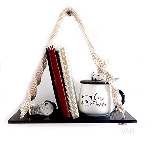 Image of VAH Wall Hanging Shelf, 1 Black Wood Floating Shelves for Wall Rustic Rope Shelves Plant Shelf Farmhouse Decor for Living Room Bathroom Bedroom Kitchen Apartment -Wood Hanging Shelf Bohemian