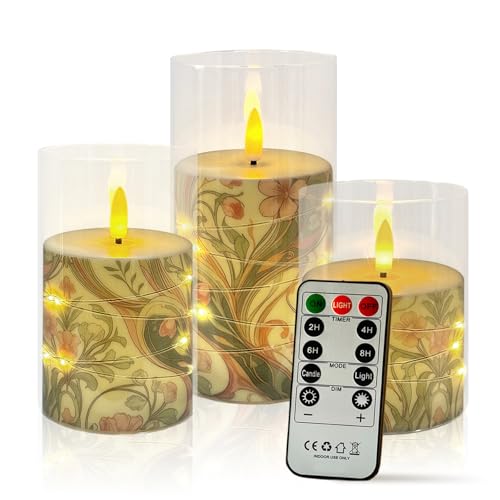 Image of Flickering Flameless Candles Pink Floral, Embedded Star String Lights, Battery Operated Acrylic LED Pillar Candles with 11-Key Remote and Timer for Home Decoration, 3 Pack