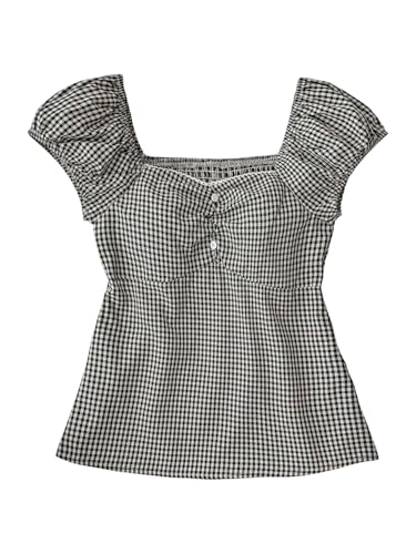 Milumia Girl's Plaid Puff Short Sleeve T Shirt Sweetheart Neck Flared Hem Tops