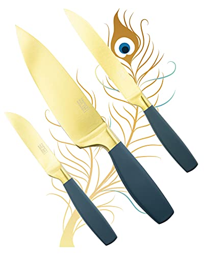 Impresionante juego de cuchillos de cocina de color dorado satinado de 3 piezas, 9 cm, utilidad de 12 cm, cuchillos de chef de 15 cm, ultra modernos, afilados, con revestimiento de titanio, cuchillos
