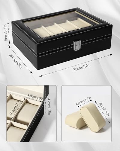 Image of Uten Watch Box, 10 Slots Watch Case, Watch Box Organizer Jewelry Storage with Large Glass Lid, Watch Display Case, Watch Box for Men & Women | Black Watch Cases for Men and Women, removable Pillow, Velvety Inner Lining, Gifs for Graduation, Thanksgiving, Birthday