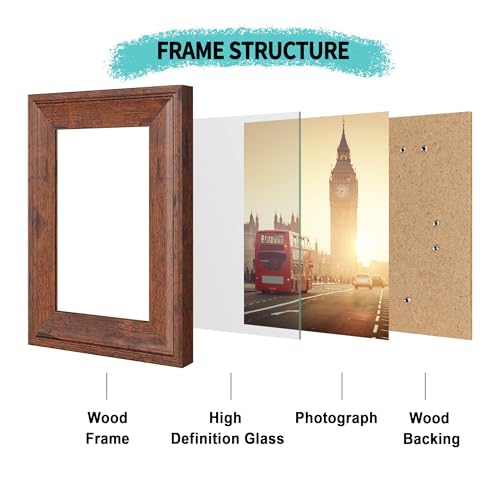 Image of iRahmen 4x6 Picture Frame Set of 4, Brown Rustic Retro Photo Frame with Real Glass, Wood Farmhouse Style 4 x 6 Frames for Wall Mount and Tabletop Display