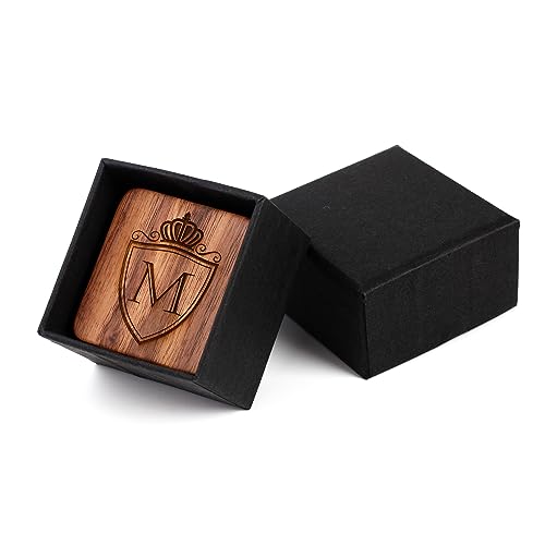 Image of Mens Initial Silver Cufflinks A-Z Alphabet Letter Steel Cuff Links with Engraved Walnut Wood Box Groom Groomsman Wedding Set