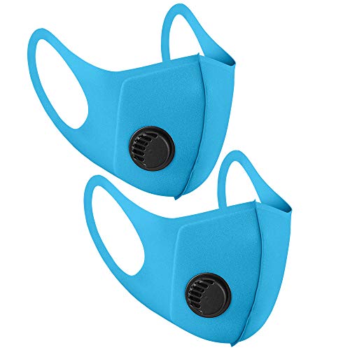 Preisvergleich Produktbild NUÜR 2 Stück Stoff wiederverwendbare Gesichtsmaske, mit Luftventil und Ohrschlaufen, atmungsaktiv, weich, waschbar, langlebig für den täglichen öffentlichen Gebrauch, blau