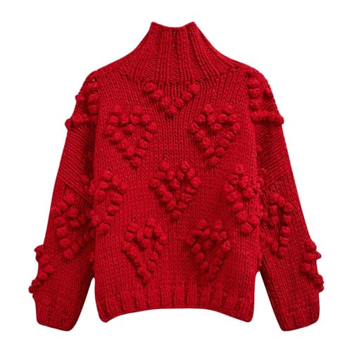 Image of CHICWISH Womens Turtleneck Sweater Heart Pom Pom Pullover Sweaters Long Sleeve Loose Chunky Knit Sweater Tops