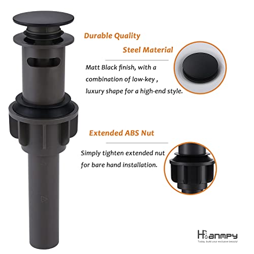 Matte Black Abs Pop Up Sink Drain With Overflow For Bathroom Vessel Sink Lavatory Vanity Bathroom Sink Drains-Easy Installation- Leakage Proofing, Amatte Black #TOP2