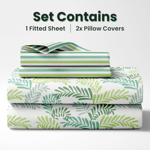 Image of LORETO - A QUALITY LINEN BRAND 144 TC 100% Pure Cotton Double /Queen Fitted Bedsheet with 2 Pillow Covers for 72 x 60 Inch Mattress, All-Around Elastic, 8 Inch Deep Pocket, Green Leafy Haven