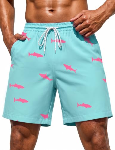 Aprolive Mens Shorts for Men Striped Slim Fit Swim Trunks Pool Shorts 7 Inch Inseam Breathable Running Work Shorts(Sky Blue,X-Large)