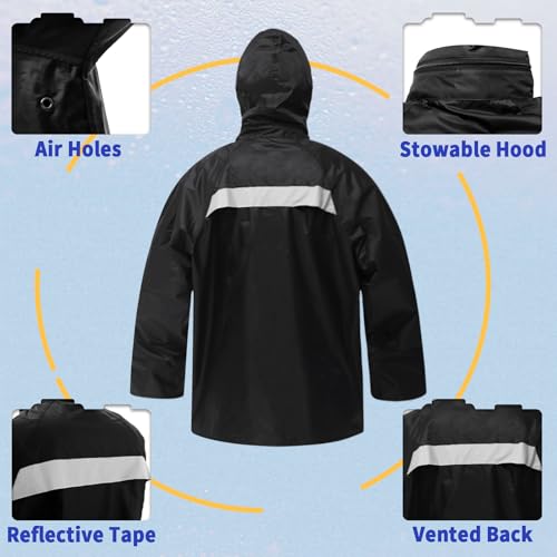 RainRider Rain Suits for Men Women Waterproof Fishing Rain Jacket Bib Pants Lightweight Reflective 3-Piece Rain Gear3