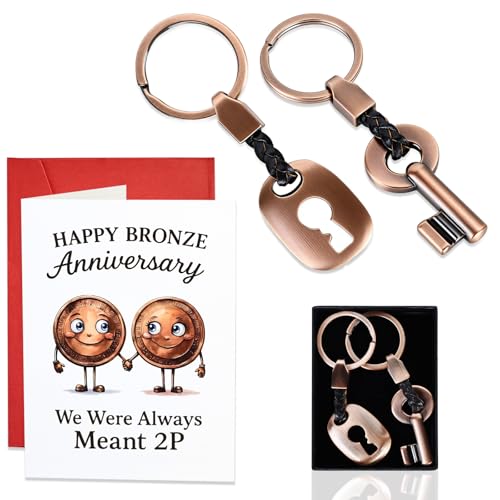 Mitibet Bronze Anniversary Milestone Gifts 2PCS Bronze Wedding Anniversary Copper Gift for Him and Her Romantic Couple Keyring Set Ideal 7th 8th 19th Year Wedding Anniversary Card Presentation Box