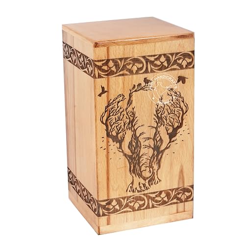 Image of Handcrafted Floral Engraved Wooden Urns for Human Ashes Adult Large - Cremation Urn for Ashes - Burial Urn for Columbarium - Funeral Urn Box (Elephant, 250 LB - BeechWood)
