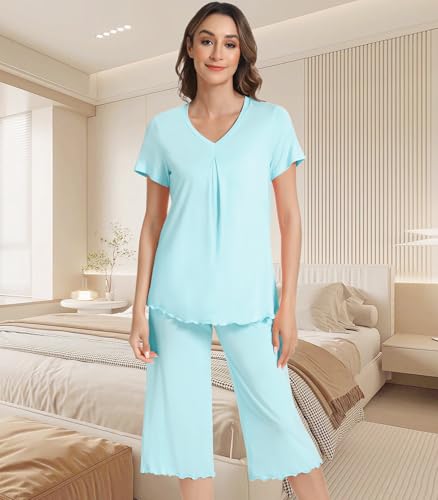 Image of NACHILA Pajamas Set for Women-Viscose Made from Bamboo, Short Sleeve Sleepwear with Capri Pants Pajama V Neck Cool Pjs