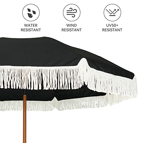 Image of AMMSUN 7ft Patio Umbrella with Fringe Outdoor Tassel Umbrella UPF50+ Premium Steel Pole and Steel Ribs Push Button Tilt, Black