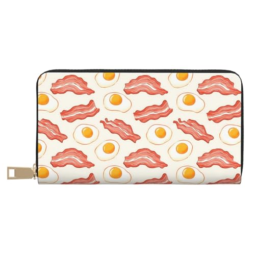 Leather Thin Slim Wallets for Women Men - Fashion Cartoon Bacon Egg Print Card Wallet Holder with Zipper