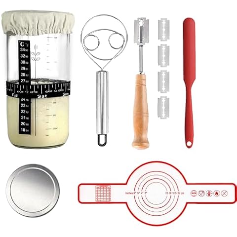 Sourdough Starter Jar Kit, 1 pack 1000ml / 34oz Large Capacity Sourdough Starter Jar, sourdough bread baking supplies with silicone bread sling, for Reusable Bread Making Baking Fermentation Supplies Cover