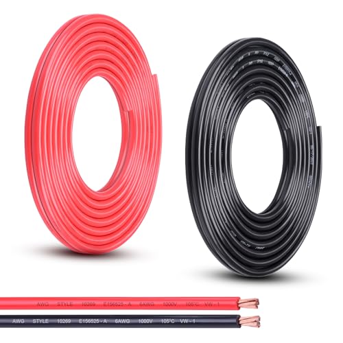 6 Gauge Wire, 20FT Red and Black Stranded Oxygen-Free Copper Wire, Flexible 6 AWG Copper Wire for Automotives, Marines, Solar Panels (6AWG, 20FT)