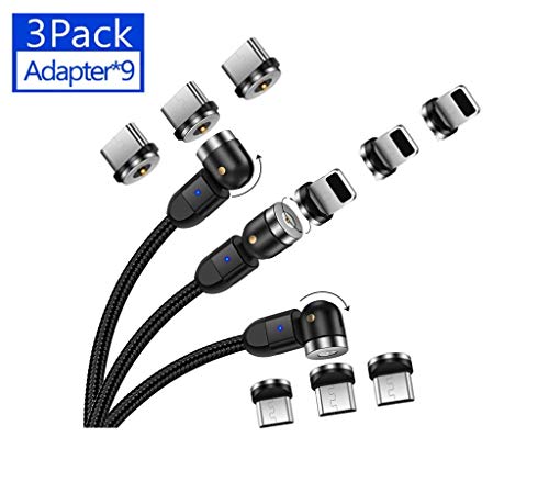 UGI 3.3ft Cable de Cargador Magnético 3 en 1 con Cabezal de Cable Giratorio de 360 ??° + 180 °, Indicador LED Cable de Carga Trenzado de Nylon para Teléfonos iOS y Android (Cable 3X, Punta 9X), Negro