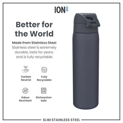 Ion8 Lightweight Stainless Steel Water Bottle, 600 ml/20 oz, Non-Insulated, Leak-Proof, Easy to Open with Secure Lock, Dishwasher Safe, Flip Cover, Fits Cup Holders, Carry Handle, Ash Navy - Image 5