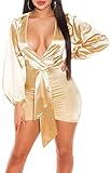 Koucla Damen Kleid V-Ausschnitt Minikleid Party Satin Look (Gold, S)