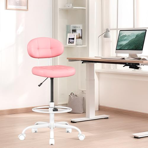 Image of Misolant Drafting Chair, Armless Tall Office Chair with Footrest Ring for Standing Desk, Small Faux Leather Executive Computer Chair with Adjustable Height for Bar Lab Counter Height Desk, Pink