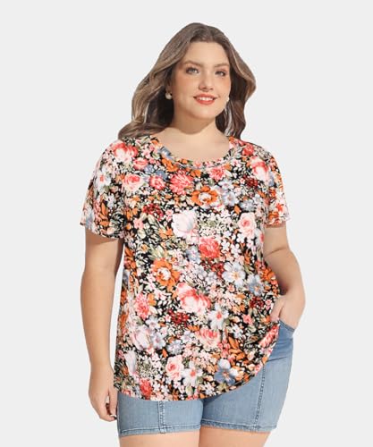 Image of CARCOS Plus Size Tops for Women Short Sleeve Shirt Summer Star /Leopard /Tie Dye /Flower Crewneck Pullover Tunic XL-5XL