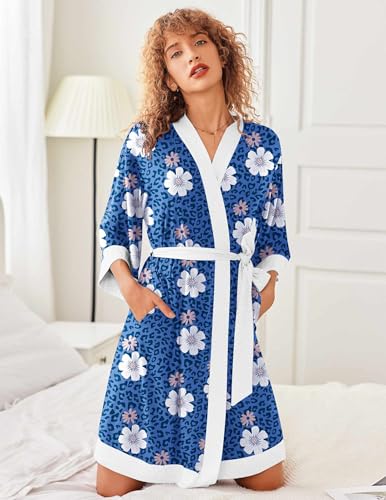Image of Ekouaer Robes for Women Knee Length Bathrobe Lightweight Kimono Robe 3 /4 Sleeve Knit Sleepwear with Pockets