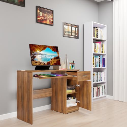 Image of VIKI Engineered Wood Computer Table, Study Table, Desks with Drawer, Door, Storage, Keyboard Tray for Adults /Students, Office Home | KHONSA | Brussel Walnut, 100W x 75H x 40D | 1 Year Warranty