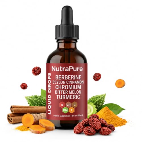NutraPure Berberine Drops Pure Berberine Drops with Ceylon Cinnamon Chromium Bitter Melon and Turmeric Antioxidant Support & Daily Wellness Support No Sugar Vegan Non-GMO 2 fl oz.