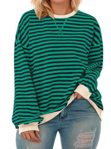 Image of ROSRISS Womens-Plus-Size-Oversized-Sweatshirts Striped Colorblock Long Sleeve Shirts Casual Crewneck Pullover Sweaters XL-5XL