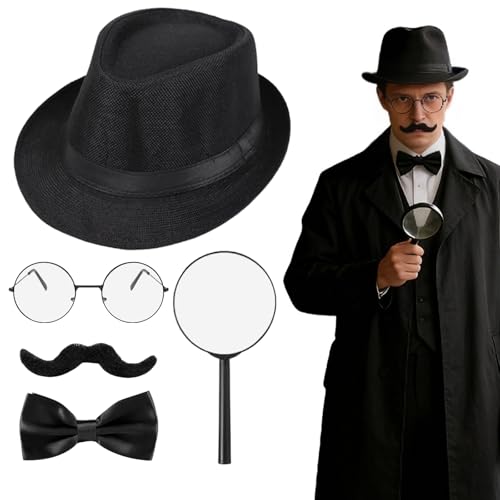 GYIOFAI Juego de 5 accesorios para disfraz de detective para adultos, kit de disfraz de detective con sombrero, bigote falso, pajarita, marco negro, lupa, para Halloween, cosplay, carnaval, día del