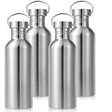 Volhoply 32oz Uninsulated Single Walled Water Bottle 4 Pack, Stainless Steel Reusable Water Bottles with Handle, BPA Free & Plastic Free 18/8 304 Metal Water Bottles for Camping, Hikers, Cyclists