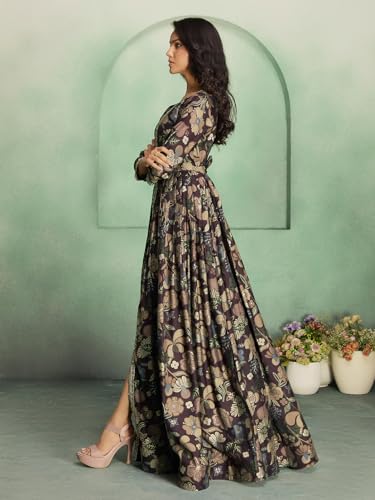 Image of madhuram textiles Women's vetican Print with Hand Embroidery Work Anarkali Front Slit Open Long Gown(M-2545)