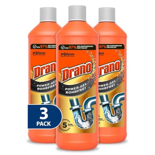 Drano (Mr Muscle) Extra Stark, Power Gel Rohrfrei Abflussreiniger, Rohrreiniger, für Küche & Bad, entfernt Verstopfungen, 3er Pack (3 x 1000 ml)