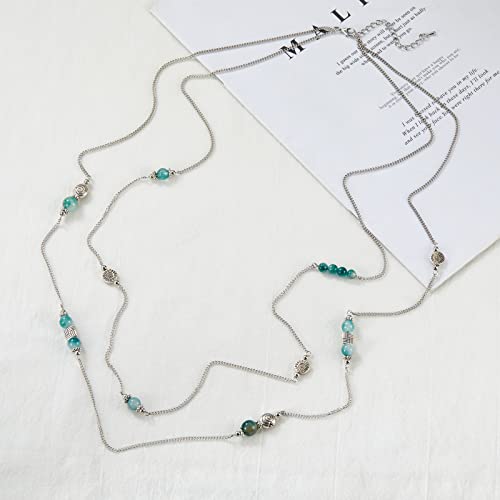 Bulinlin Layered Silver Long Necklace For Women Turquoise Stone Beaded Strand Sweater Chain Necklaces Fashion Costume Jewelry Gifts For Mom(Jade Green) #TOP3