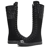 Momuk Styl punkowy, długie nity, buty z płótna żaglowego, do kolan, luźne, modne buty rockowe dla kobiet i dziewcząt, czarny, 39 EU