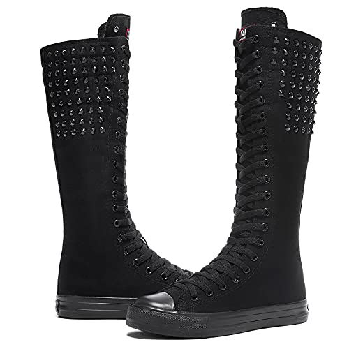 Momuk Long Rivet Knee High Canvas Boots Punk Style for Women & Girls2