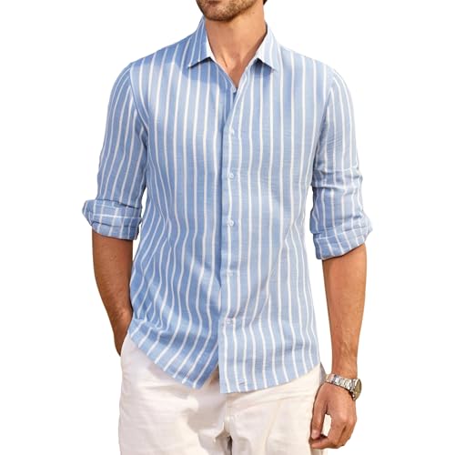 Esabel.C Men's Linen Casual Button Down Shirts Long Sleeve Striped Cotton Regular Fit Beach Wedding Shirts