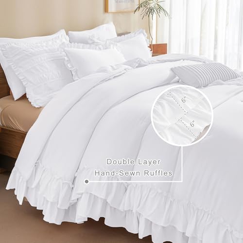 Image of QSH Bright White Shabby Boho Chic Ruffled Comforter King Size,3PCs Farmhouse French Country Ruffle King Bed Comforter Vintage Rustic Bedding Comforter Set Ultra Soft Lightweight Microfiber Fluffy Bed