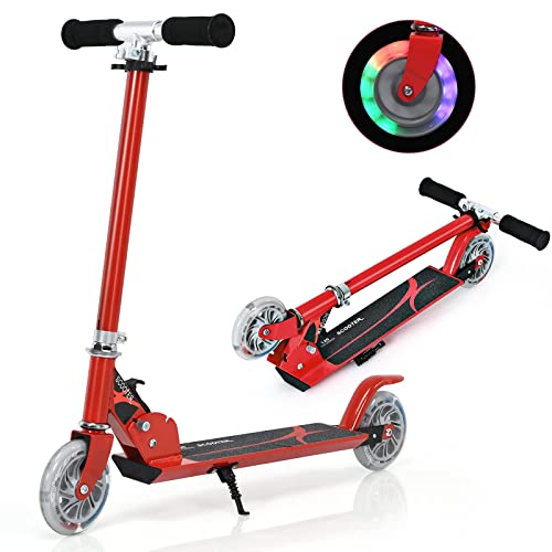 COSTWAY Patinete Niño,4 a 13 años, Scooter Roller con 2 Led Ruedas, Altura Ajustable, Patinete Plegable hasta 70kg (Rojo)