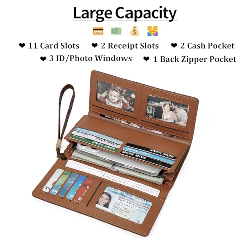 Image of Wristlet Wallet for Women Leather Clutch Purse Trifold Card Holder RFID Blocking Large Capacity Brown