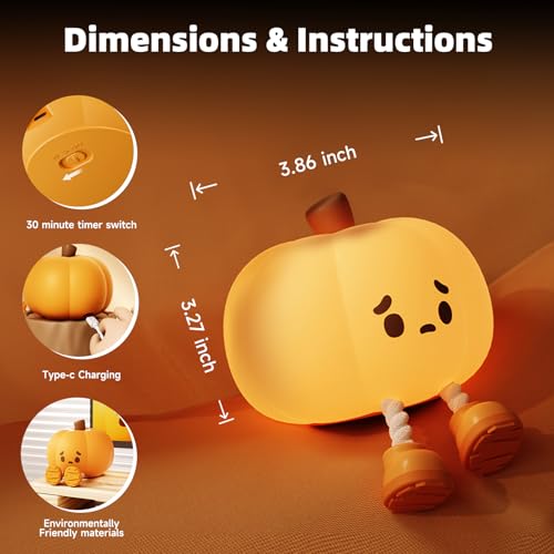 Lilampts Pumpkin Night Light, Cute Pumpkin Decor Silicone Night Lamp With 3 Level Dimmable Bedside Lamp Halloween Night Light Nursery Nightlight Dorm Decor,Silicone Touch Light thumb #2
