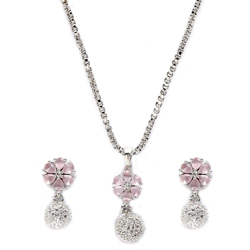 ZENEME Rhodium-Plated Silver Toned Green Cubic Zirconia studded F...