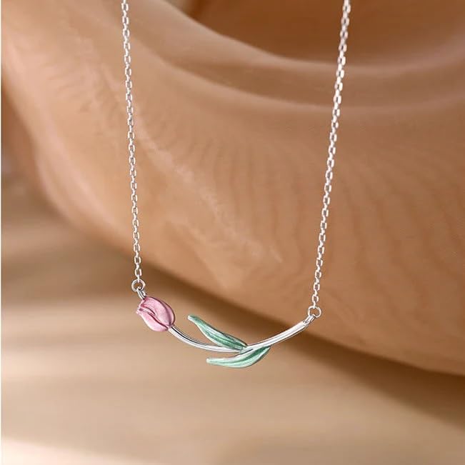 Image of El Regalo 1PC Tulip Flower Bud Pearl Pendant Necklace for Girls & Women- Pink Oil Dripping Enamel Tulip Flower Necklace (Tulip Flower)