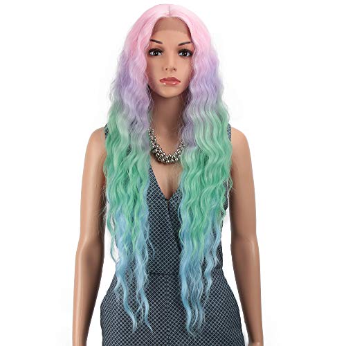 Joedir Lace Front Wigs 30'' Long Wavy Synthetic Wigs For Black Women 130% Density Ombre Rainbow Wigs With Baby Hair(Qt Pkbl07) #TOP1