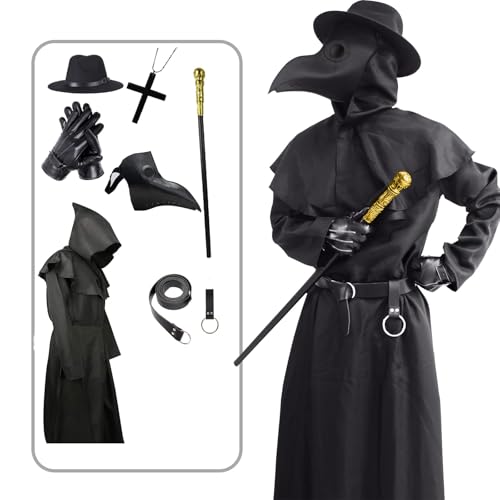 OEBLD Halloween Costume Compatible for Plague Doctors with Bird Beak Mask, Black Cloak Robe with Hood